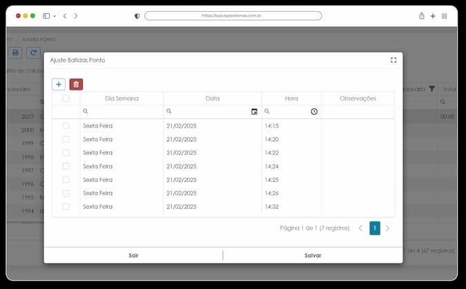 Tela de ajuste de batidas do ponto eletrônico no ERP EGS
