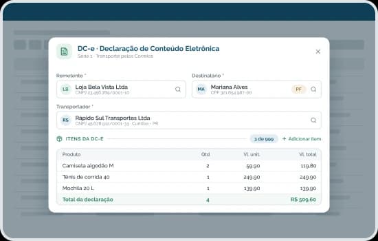 DC-e no ERP EGS com remetente, destinatário, transportador e itens da declaração