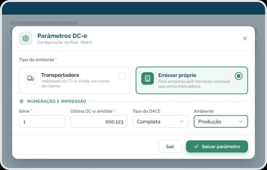 Parâmetros DC-e do ERP EGS: tipo de emitente, série, numeração, tipo da DACE e ambiente