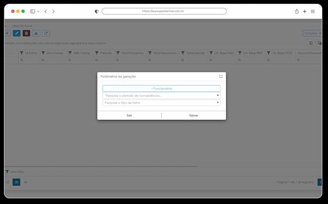 Tela de Geração de Folha no ERP EGS, com regras salariais, descontos e benefícios configurados