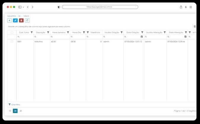 Tela de Gestão de Turnos na Folha de Pagamento do ERP EGS, com escalas e controle de jornada