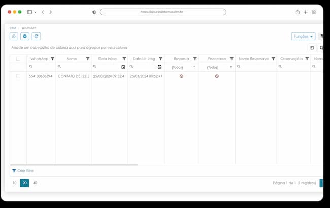 Tela de Integração com WhatsApp
