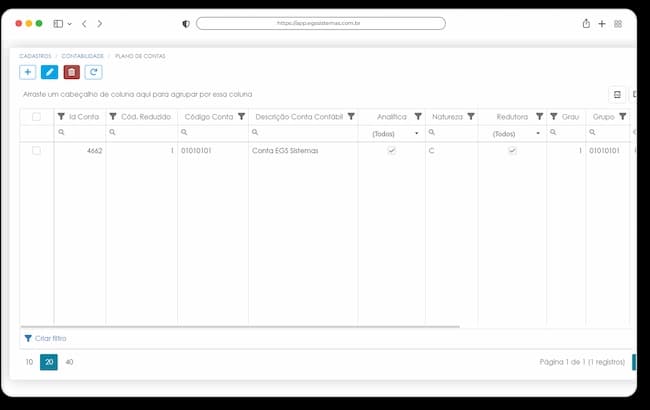 Tela de Plano de Contas na EGS Sistemas