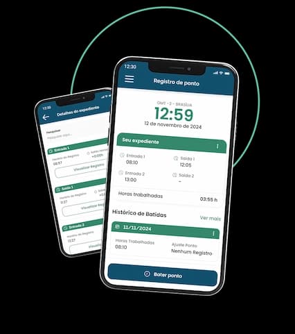 Interface do aplicativo de Controle de Ponto Eletrônico da EGS Sistemas exibindo o painel principal com registro de batidas de ponto, visualização de jornada diária, semanal e mensal, status de aprovações e ferramentas para solicitação de ajustes, permitindo aos colaboradores e gestores o acompanhamento em tempo real da jornada de trabalho através de dispositivos móveis