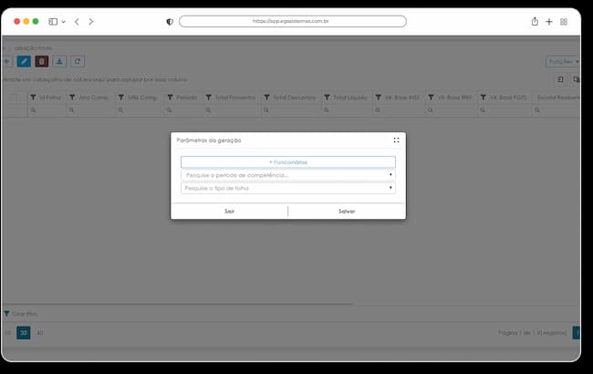 Tela de Geração de Folha no ERP EGS, com regras salariais, descontos e benefícios configurados