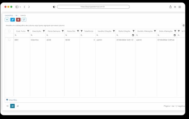 Tela de Gestão de Turnos na Folha de Pagamento do ERP EGS, com escalas e controle de jornada