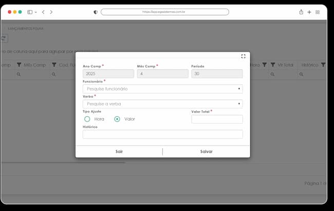 Interface do sistema de Folha de Pagamento da EGS Sistemas exibindo a tela de Lançamento de Folha, com funcionalidades para registro de horas extras, faltas, licenças e demais eventos que afetam o pagamento, permitindo ao RH processar com precisão a remuneração dos colaboradores