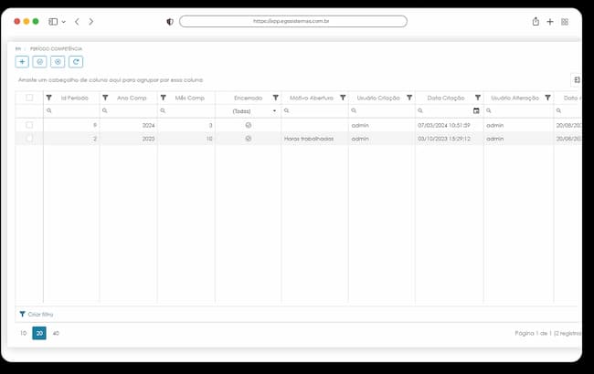 Tela de Período de Competência na Folha de Pagamento do ERP EGS, com ciclos de fechamento e apuração