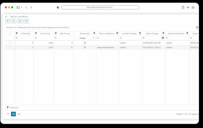 Tela de Período de Competência do ponto eletrônico no ERP EGS, com datas de início e fim da apuração