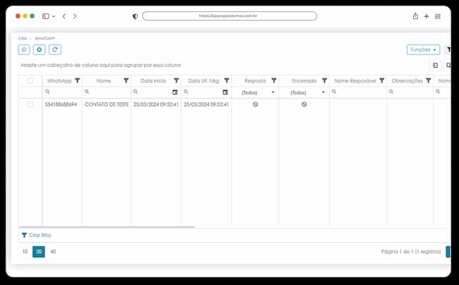 Tela de Integração com Whatsapp
