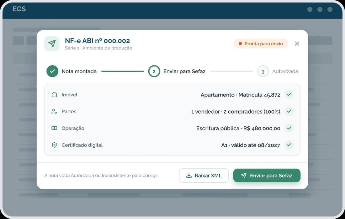 NF-e ABI montada no ERP EGS, pronta para enviar à SEFAZ, com os botões Baixar XML e Enviar para Sefaz