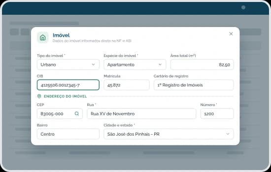 Dados do imóvel na NF-e ABI do ERP EGS: tipo, espécie, área, CIB, matrícula, cartório e endereço