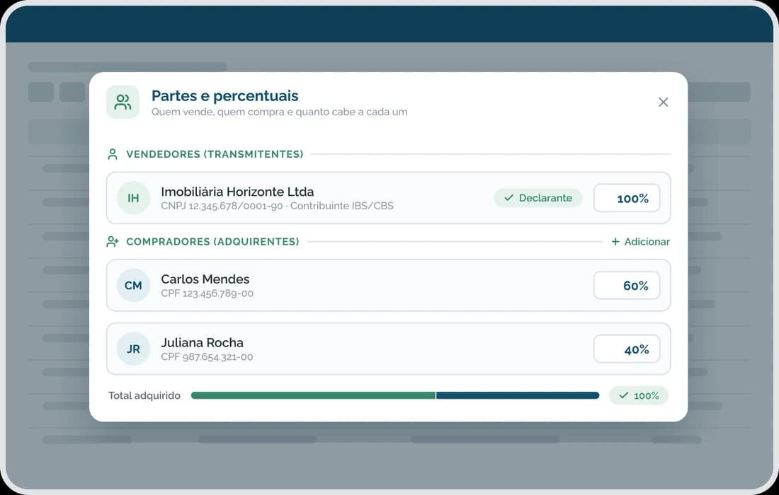Partes e percentuais da NF-e ABI no ERP EGS: vendedor declarante e compradores com o percentual de cada um