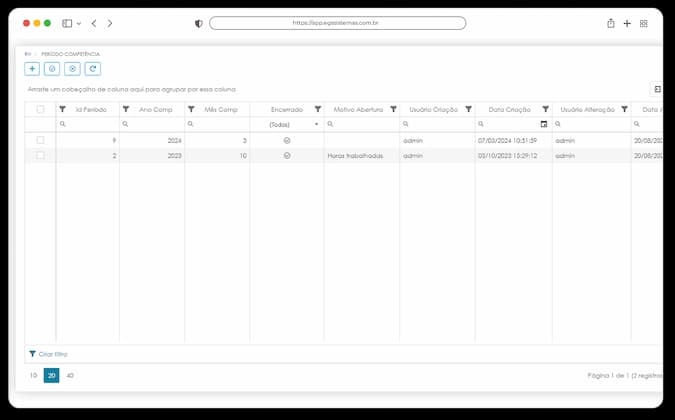 Tela de Período de Competência do ponto eletrônico no ERP EGS, com datas de início e fim da apuração