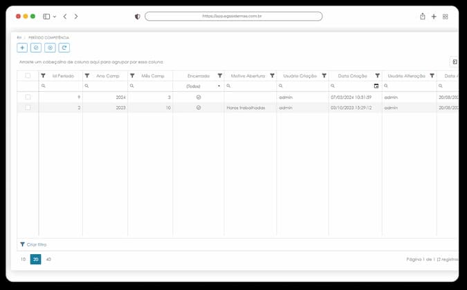 Tela de Período de Competência na Folha de Pagamento do ERP EGS, com ciclos de fechamento e apuração