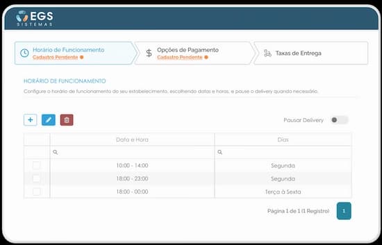 Configuração do horário de funcionamento do delivery no PDV EGS