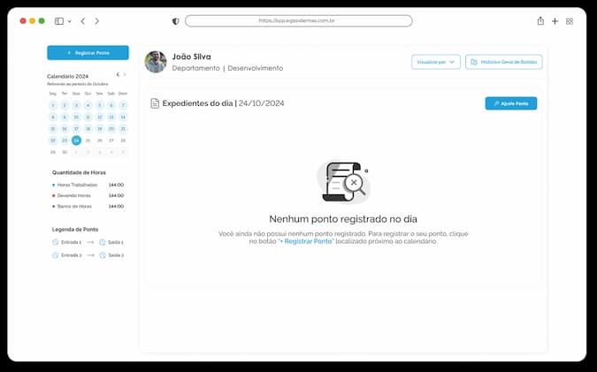 Tela de registro de ponto no ERP EGS, com histórico de batidas por mês, semana e dia