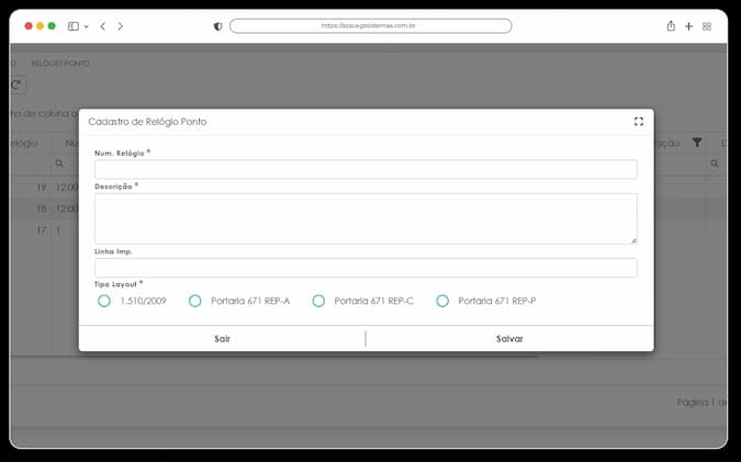 Interface do sistema de Registrador Eletrônico de Ponto (REP) do ERP EGS