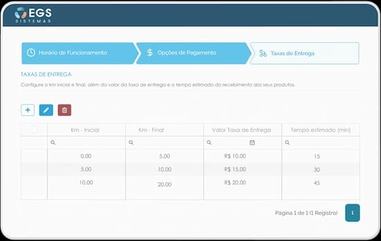 Configuração das taxas de entrega no PDV EGS