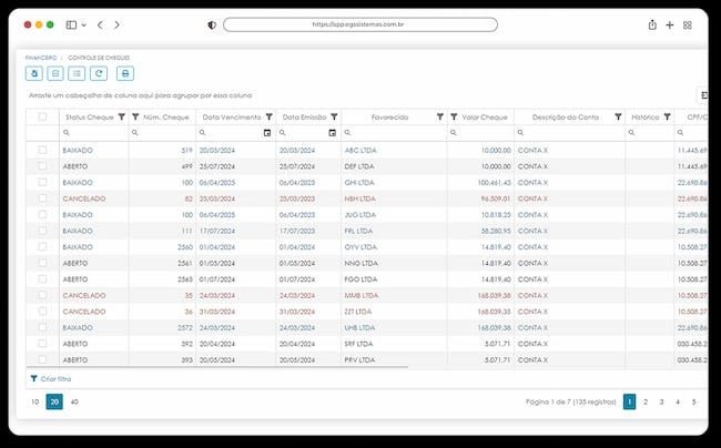 Tela Controle de Cheques
