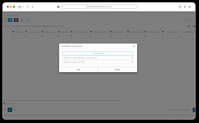 Tela de Geração de Folha no ERP EGS, com regras salariais, descontos e benefícios configurados