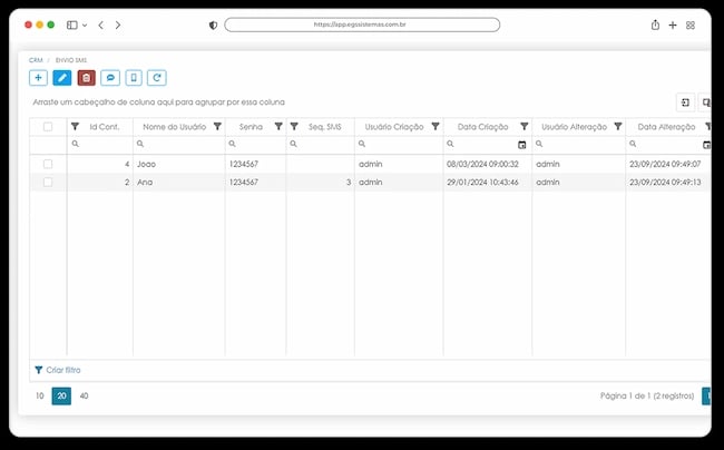 Tela de Integração com E-mail e SMS
