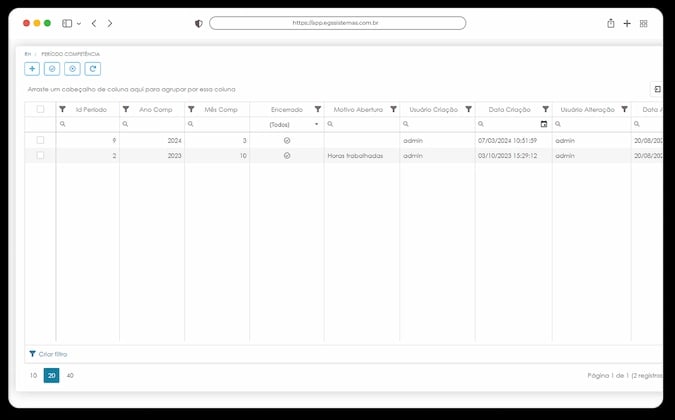 Tela de Período de Competência do ponto eletrônico no ERP EGS, com datas de início e fim da apuração