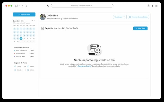Tela de registro de ponto no ERP EGS, com histórico de batidas por mês, semana e dia