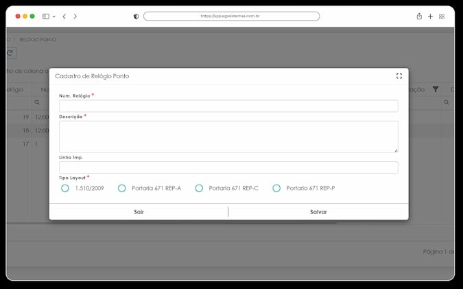 Interface do sistema de Registrador Eletrônico de Ponto (REP) do ERP EGS