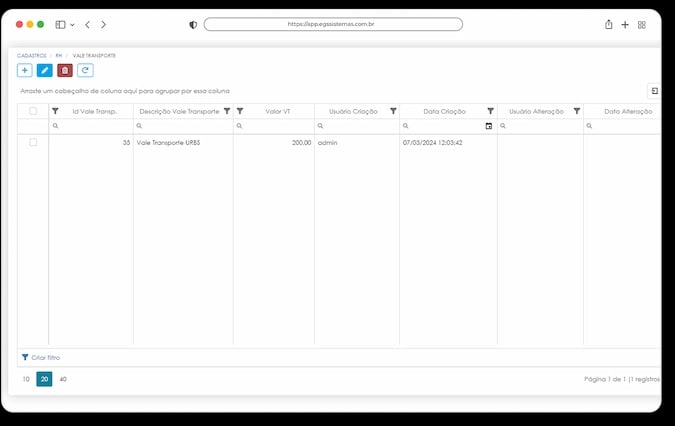 Tela de controle de benefícios na Folha de Pagamento do ERP EGS, com créditos por colaborador