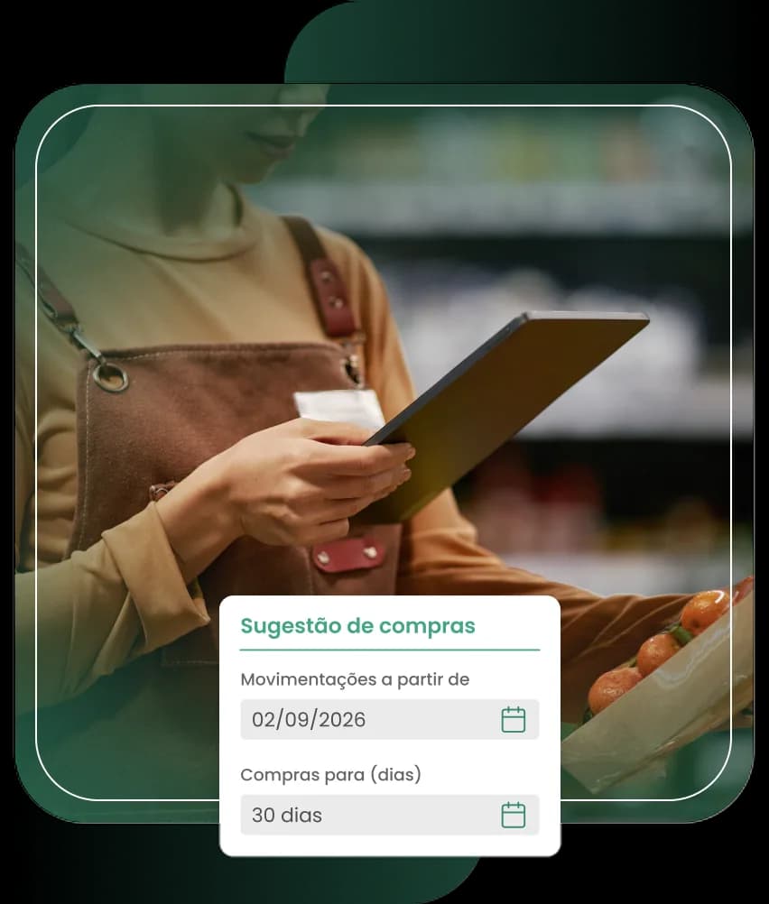 Funcionária acessando o módulo de Gestão de Compras do sistema