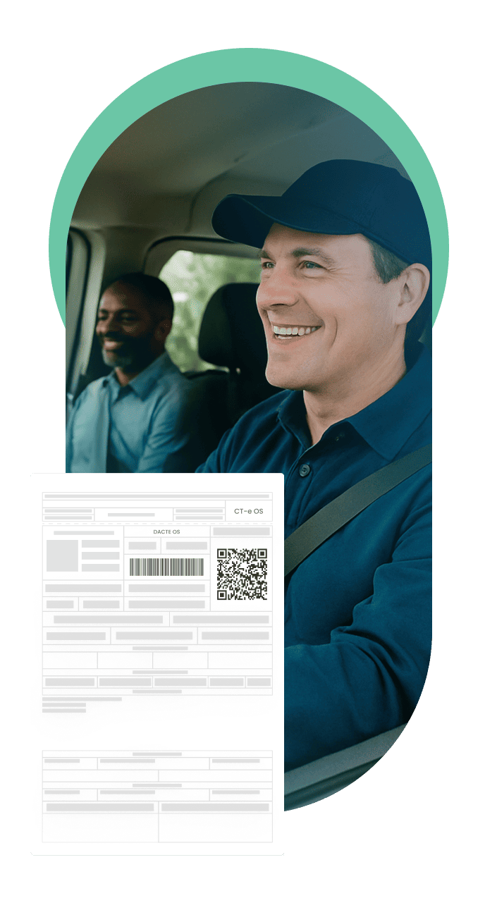 Motorista e passageiro sorrindo em um veículo