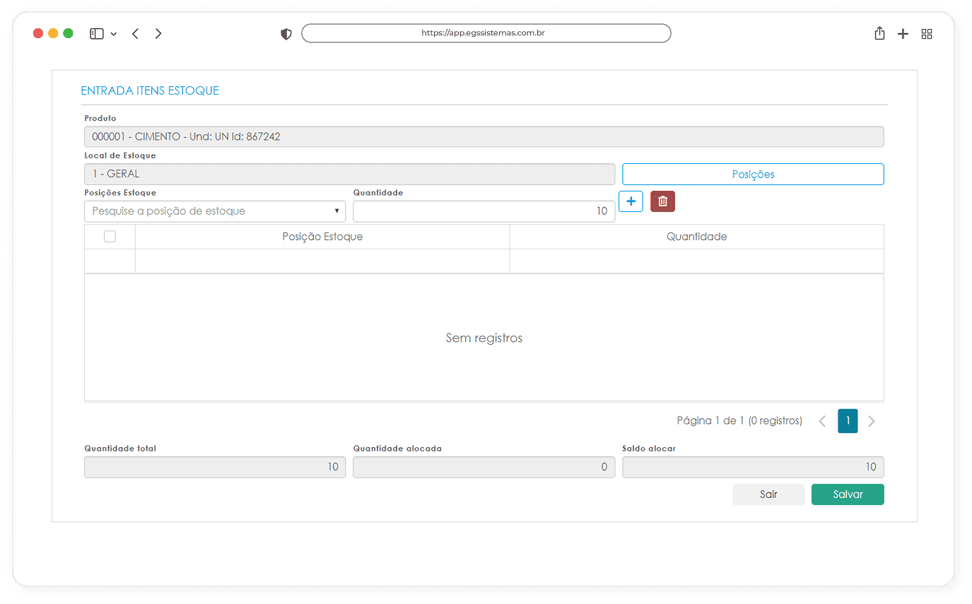 Tela de Entrada de Estoque XML.