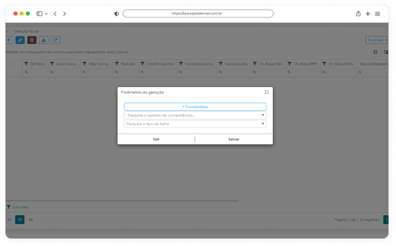 Interface do sistema de Folha de Pagamento da EGS Sistemas apresentando a tela de Geração de Folha, com campos para configuração de regras salariais, descontos, benefícios e processamento automático da folha de pagamento, permitindo ao RH executar cálculos precisos e rápidos das remunerações dos colaboradores