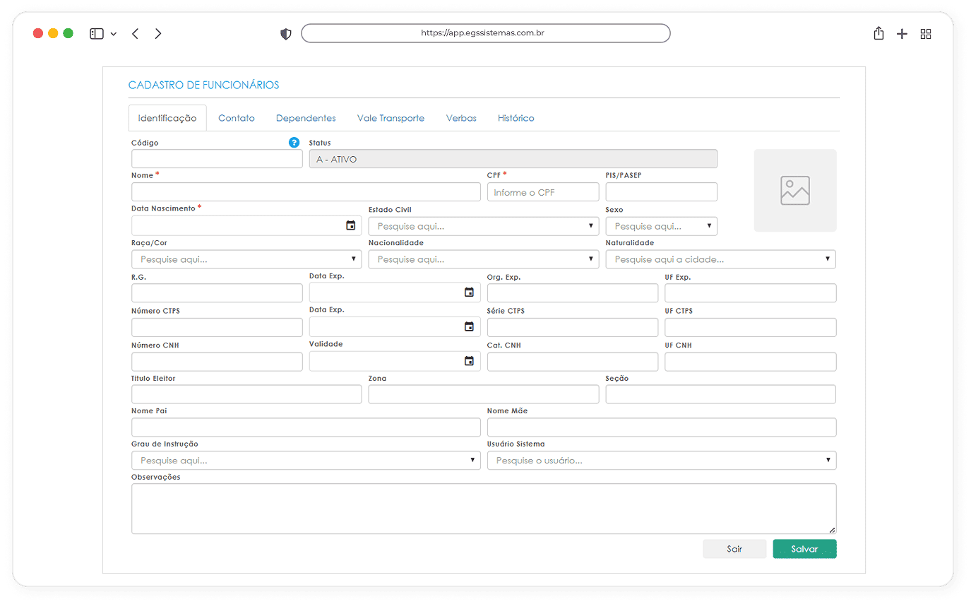 Interface do sistema de Folha de Pagamento da EGS Sistemas exibindo a tela de cadastro e gerenciamento de funcionários, com campos para registro de informações pessoais, profissionais, salário, cargo e histórico de trabalho, permitindo ao RH manter um controle organizado e eficiente dos dados dos colaboradores