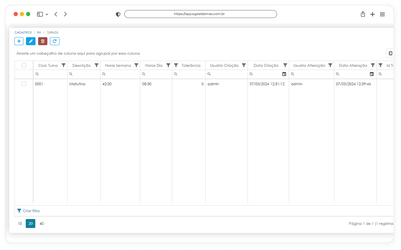 Interface do sistema de Folha de Pagamento da EGS Sistemas mostrando o painel de Gestão de Turnos, com ferramentas para configuração de escalas, controle de jornada de trabalho e monitoramento de frequência dos colaboradores, possibilitando ao RH otimizar o aproveitamento do tempo e aumentar a produtividade da equipe