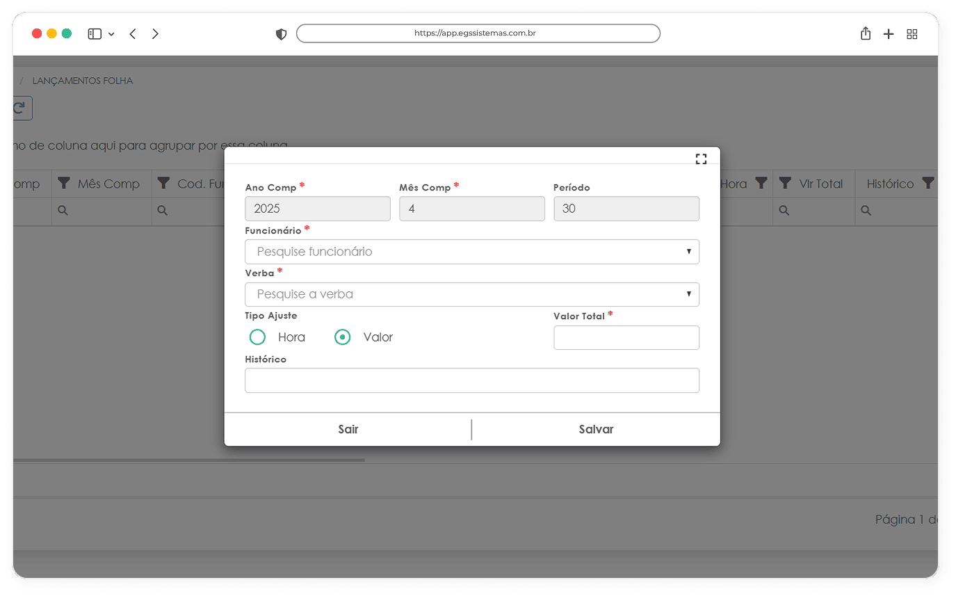 Interface do sistema de Folha de Pagamento da EGS Sistemas exibindo a tela de Lançamento de Folha, com funcionalidades para registro de horas extras, faltas, licenças e demais eventos que afetam o pagamento, permitindo ao RH processar com precisão a remuneração dos colaboradores