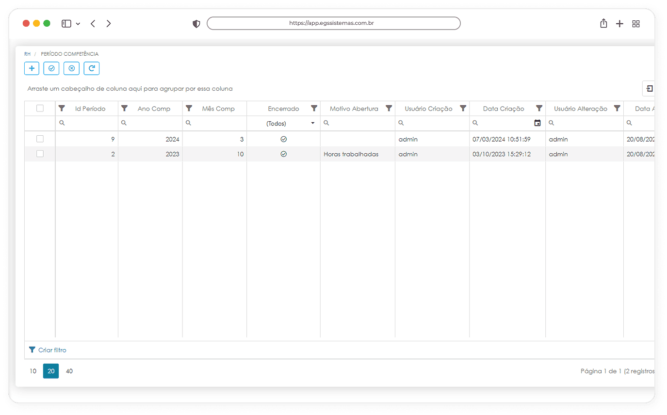 Interface do sistema de Folha de Pagamento da EGS Sistemas mostrando a configuração de Período de Competência, com ferramentas para definição de ciclos de fechamento, cálculo de horas extras, controle de atrasos e faltas, permitindo ao RH monitorar a jornada de trabalho em conformidade com as normas trabalhistas