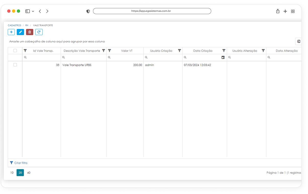 Interface do sistema de Folha de Pagamento da EGS Sistemas exibindo a tela de controle de benefícios, com campos para cadastro, distribuição e controle de créditos por colaborador, permitindo ao RH gerenciar de forma automatizada a concessão do benefício, com emissão de relatórios e consulta de saldos