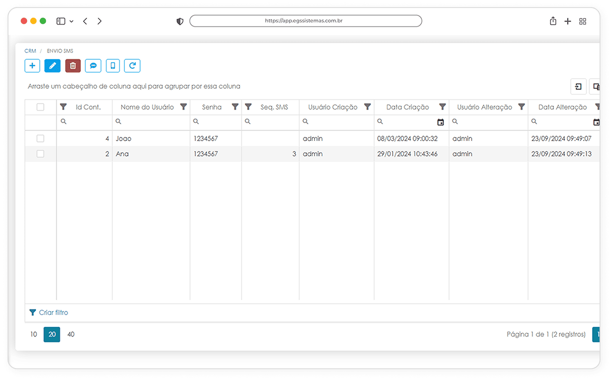 Tela de Integração com E-mail e SMS.