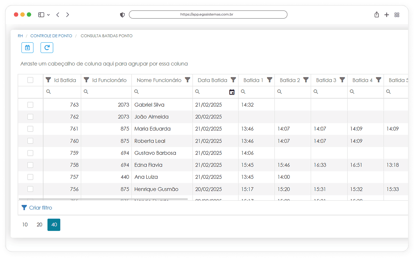 Interface do sistema de Controle de Ponto Eletrônico da EGS Sistemas exibindo a tela de consultas avançadas, com tabela detalhada de registros de ponto dos colaboradores, incluindo horários, datas e status das batidas, permitindo ao RH analisar, filtrar e validar informações de jornada de trabalho de forma rápida e precisa