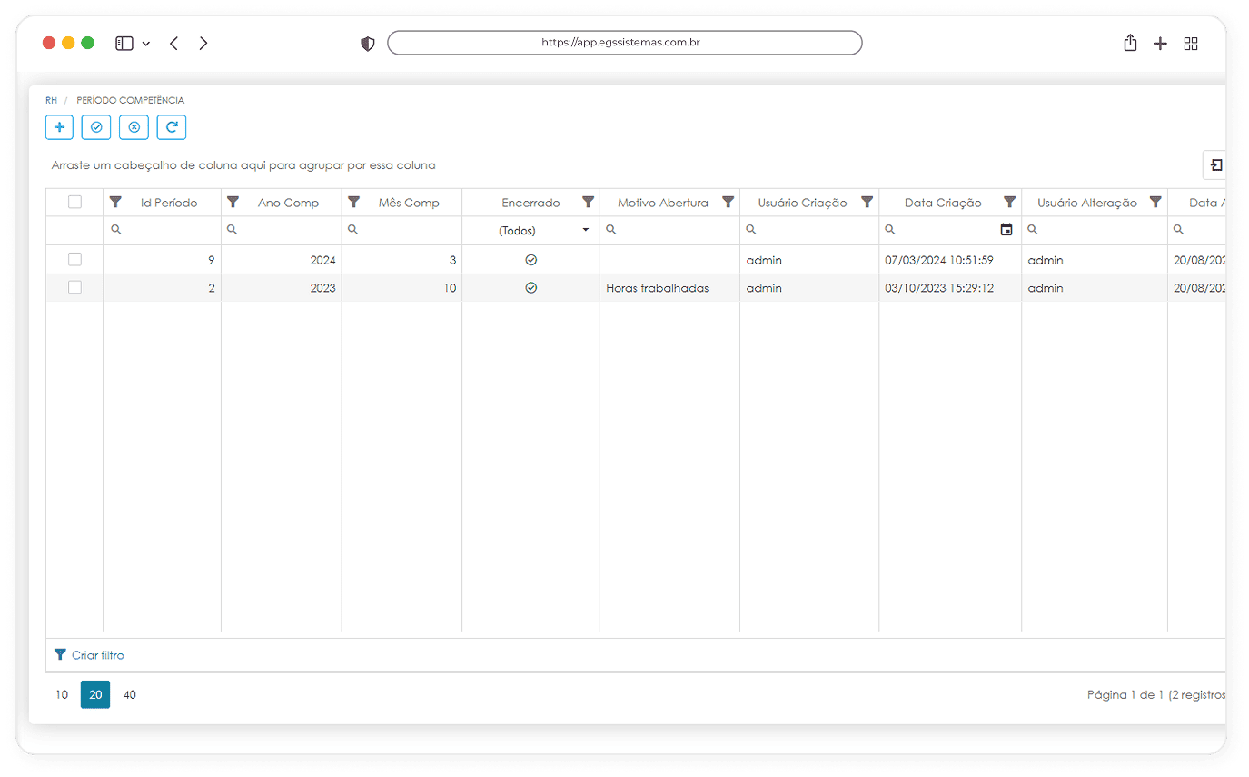 Interface do sistema de Controle de Ponto Eletrônico da EGS Sistemas exibindo a tela de gerenciamento de Período de Competência, com campos para definição de datas de início e fim do ciclo de apuração, ferramentas para configuração de parâmetros de fechamento mensal e opções avançadas para o RH organizar e processar as informações de jornada de trabalho dos colaboradores