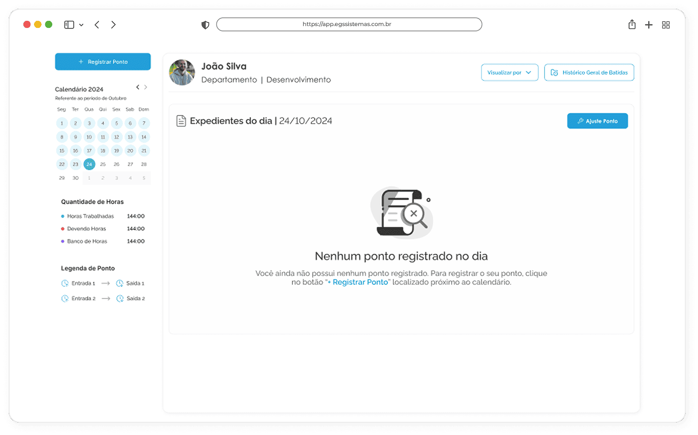Interface do sistema de Registro de Ponto Eletrônico da EGS Sistemas exibindo o painel de visualização de registros dos colaboradores, com visualizar por período (mês, semana, dia), histórico detalhado de batidas e ferramentas para solicitação de ajustes, proporcionando controle preciso da jornada de trabalho