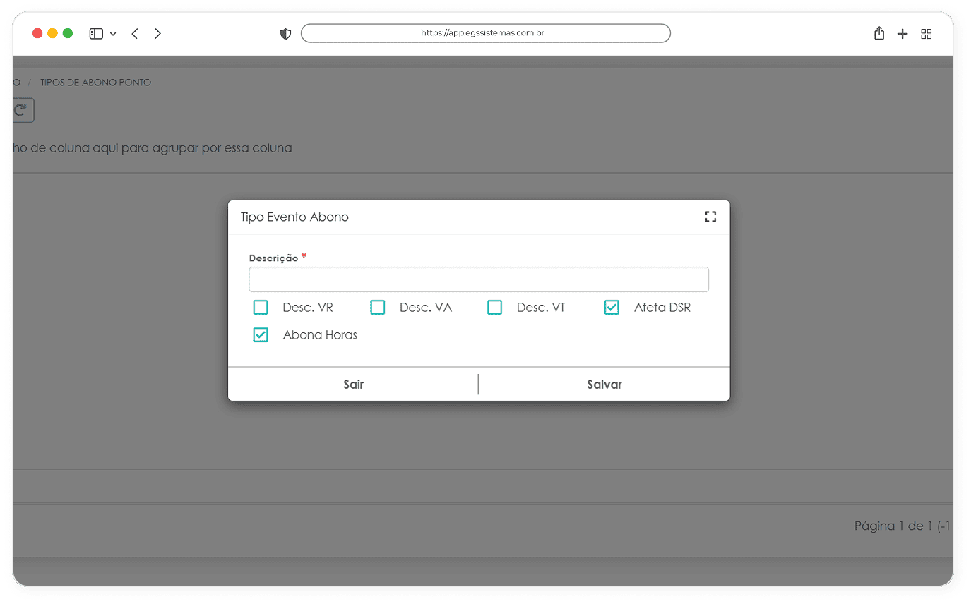 Interface do sistema de Controle de Ponto Eletrônico da EGS Sistemas mostrando a tela de cadastro de Tipos de Abono, com campos para descrição, configurações de aplicabilidade e checkboxes para definir parâmetros de funcionamento, permitindo ao RH personalizar as justificativas para ausências e ajustes no registro de ponto